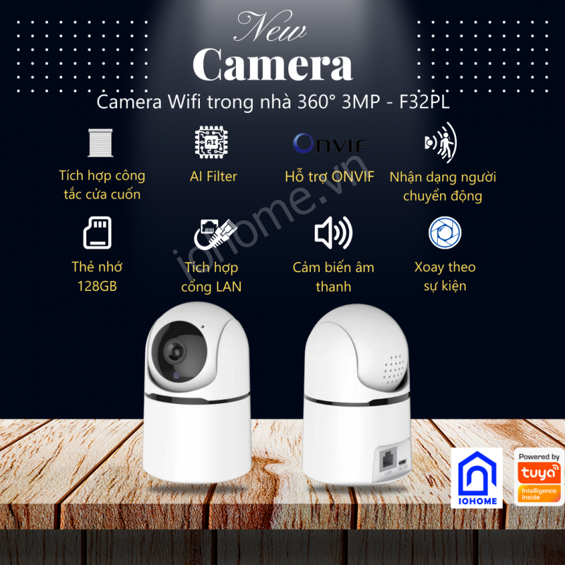 Camera AI thông minh IOHOME F32PL - Độ phân giải 3.0 MP - Dùng app Tuya/ Smart Life - Hỗ trợ LAN/ Wi-Fi