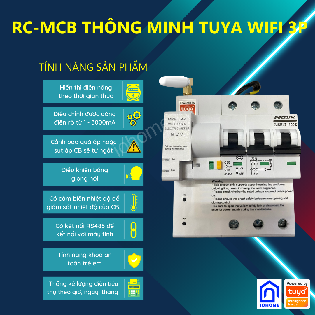 RC - MCB thông minh Tuya Wi-Fi 3P 63A